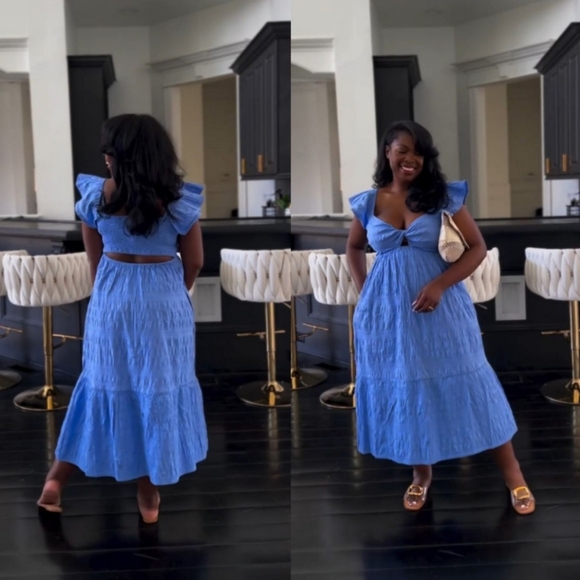 BLUE UNIVERSAL THREAD RUFFLE FLUTTER SLEEVE PUCKER SMOCK TWIST FRONT MIDI DRESS - Picture 5 of 11